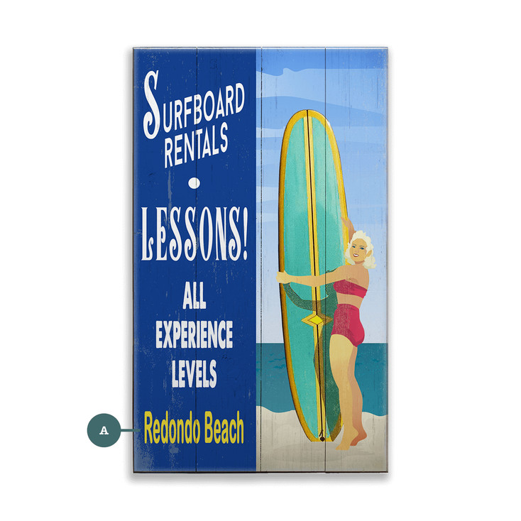 Redondo Beach Surfboard Rentals Lessons Wall Sign Wood or Metal