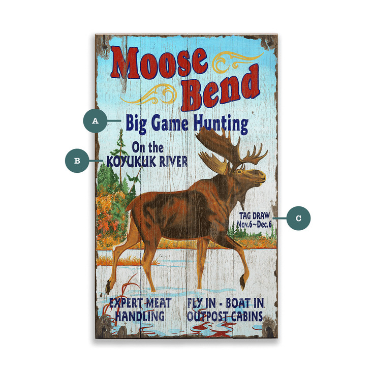 Moose Bend Big Game Hunting on the Koyukuk River Wall Sign Wood or Metal