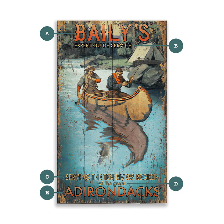Baily's Guide Service Ten Rivers Canoeing Scene Distressed Wall Sign Wood or Metal