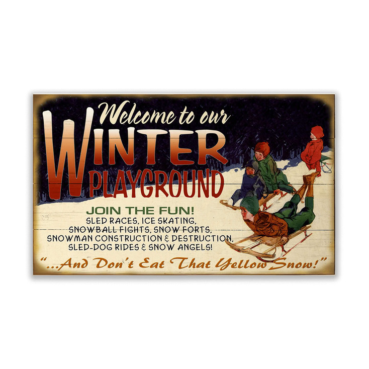 Welcome to Our Winter Playground Kids Sledding Wall Sign Wood or Metal