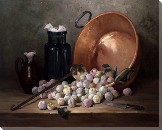 A Still Life of Plums and Jam Making Utensils Wrapped Canvas Art Print