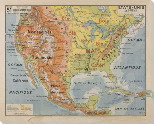 Etats-Unis Map of North America Wrapped Canvas Giclee Print