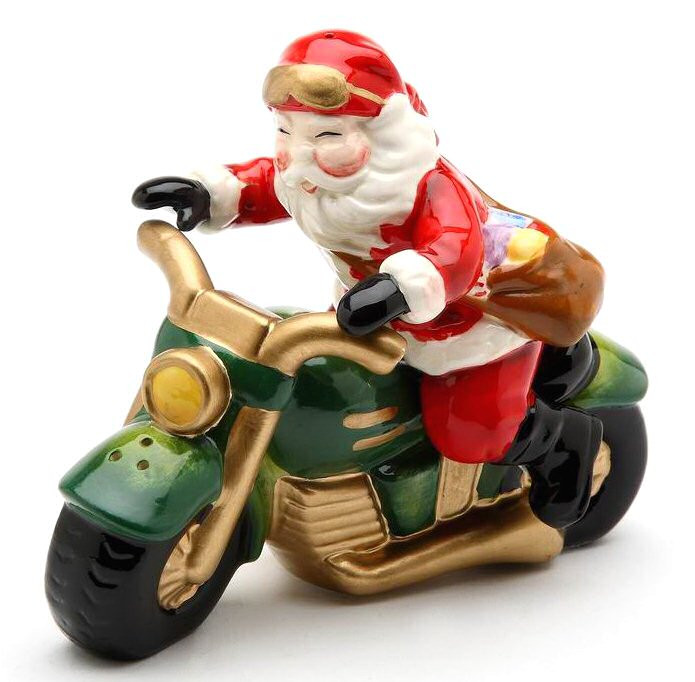 Santa on a Motorcycle Porcelain Salt and Pepper Shakers, Set of 4