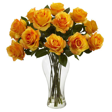 Blooming Orange Yellow Roses Silk Flower Arrangement with Vase