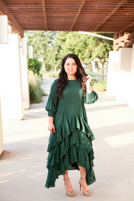 Unbalanced Ruffle Dress in H Green 