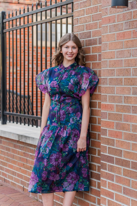 Gracia Puffed Sleeve Floral Dress - Purple