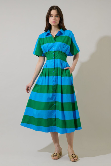 Bold Stripe Button Down Midi Dress - Rich Blue/Green