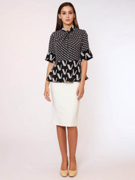Gracia Neck Bow V-Print Pattern Peplum Top