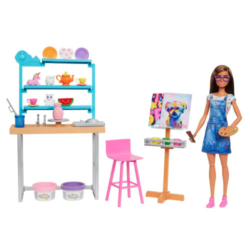 'nin Sanat Atölyesi, Barbie Bebek (29 cm), çömlek yapımı ve resim sanatı için 25'ten fazla yaratıcılık aksesuarı, oyun hamuru, vazo kalıbı, tuvaller ve daha fazlası, 3-7 yaş arası