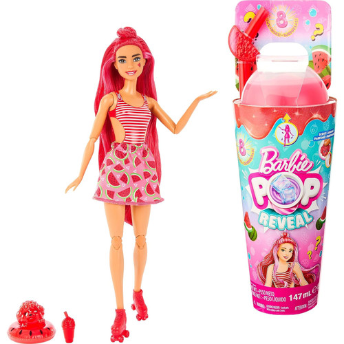 Karpuz Rüyası - Evcil hayvan figürü ve slime gibi 8 sürprizin yer aldığı, koku ve renk değiştirme özellikli Barbie® Pop Reveal™ Meyve Serisi bebeği HNW43