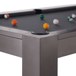 Close-up of gun metal steel pool table corner with leather pocket detail
