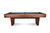 Side view of the Doc & Holliday Preakness 8' slate pool table in walnut with maple racing stripe inlay on a white background.