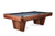 Three-quarter view of the Doc & Holliday Preakness 8' slate pool table finished in walnut with maple racing stripe inlay, shown on a white background.