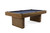 Lifestyle angled view of the Plank & Hide Deco 8FT Slate Pool Table in Glazed Maple with Championship Academy Blue felt, golden brass accents, and solid maple cabinet