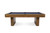 Close-up of the Plank & Hide Deco 8FT Slate Pool Table in Glazed Maple showing Championship Academy Blue felt, golden brass diamond sights, and the Sawyer Twain Trophy billiard ball set