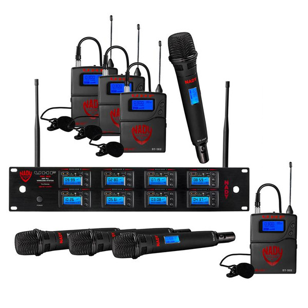 Nady 8W-1KU LT Octo 1000-Channel Professional UHF Wireless System with 4 Lavalier/4 Headset Microphones