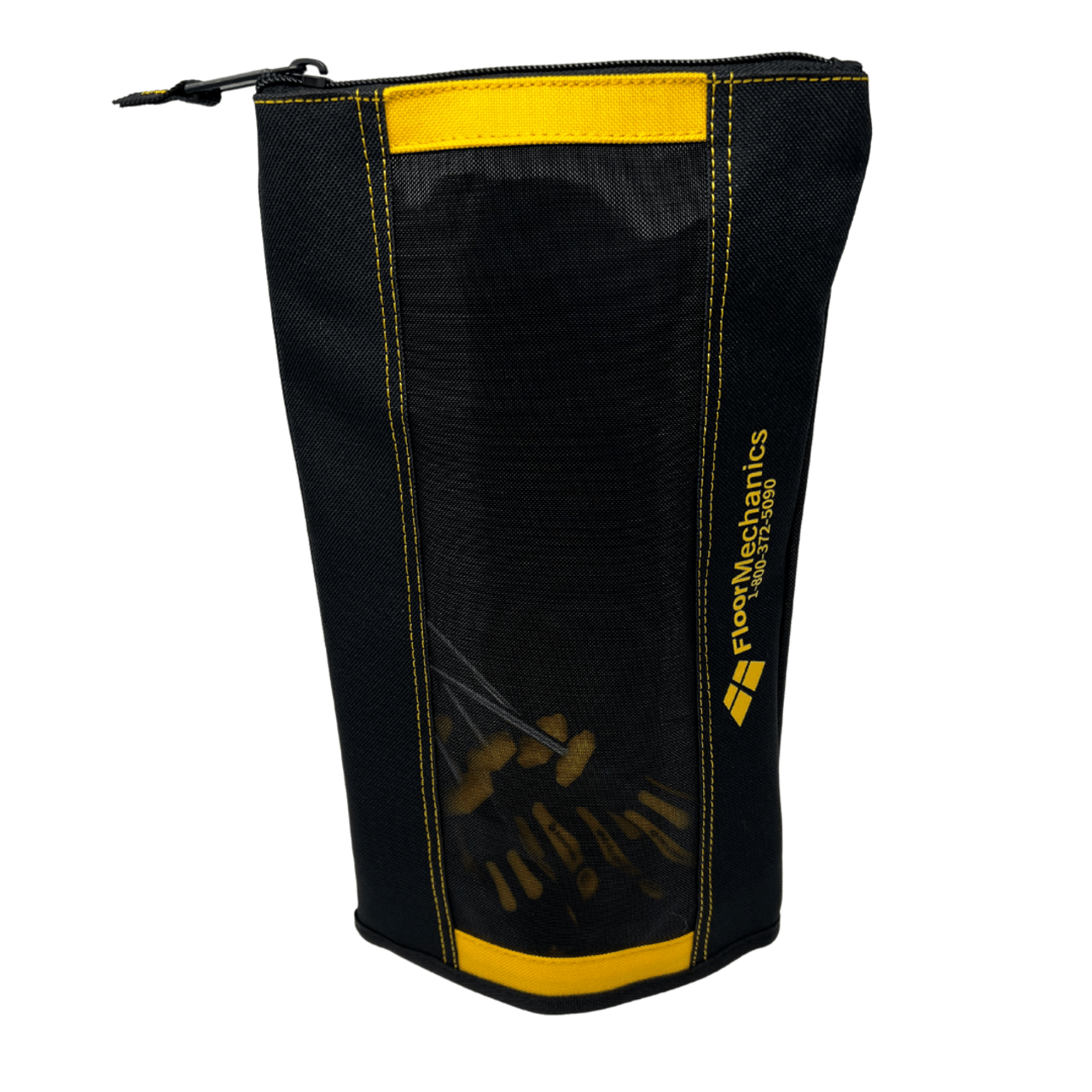 Black and yellow tool bag organizer pouch standing up with screwdrivers inside it