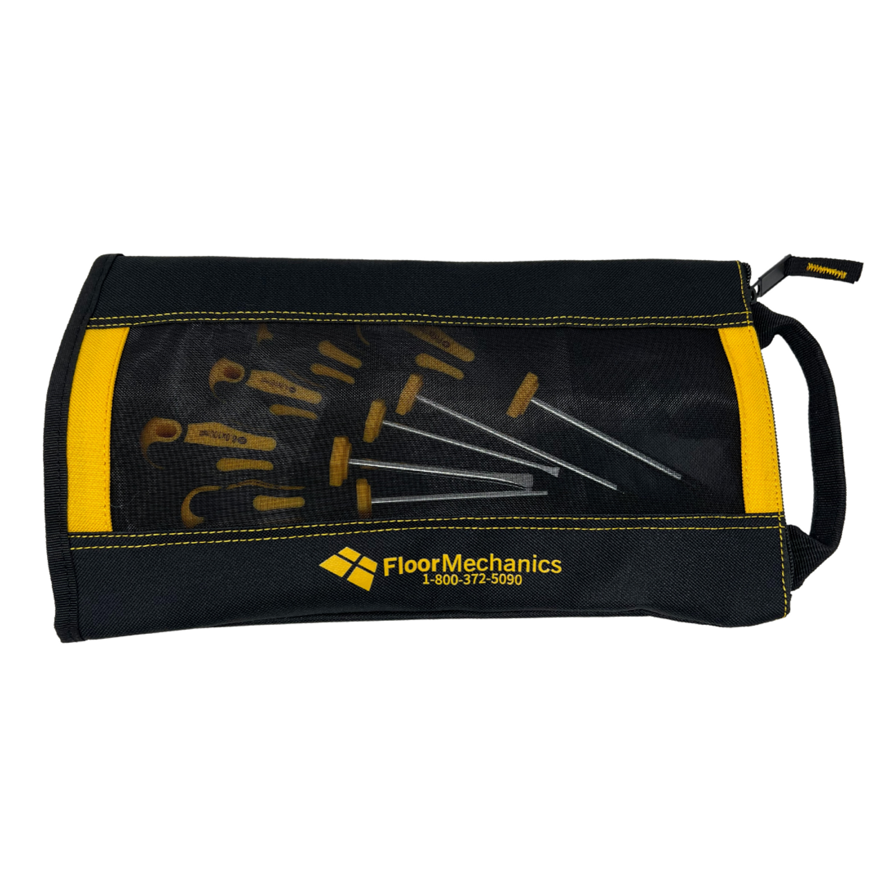 Black and yellow tool bag organizer pouch laying flat with screwdrivers inside it
