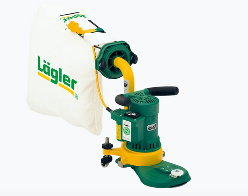 The green and yellow Lagler Flip Edger has two handles, two adjustable wheels, multiple nose attachments, and a frame that holds up the dust bag and power cord.