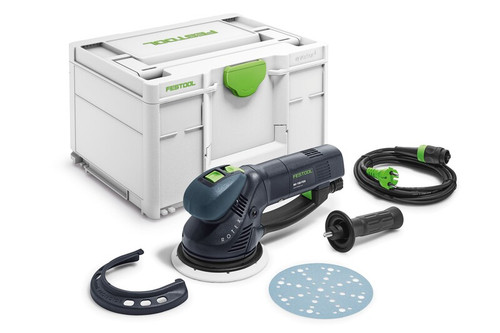 The Festool Geared eccentric sander ROTEX RO 150 FEQ-Plus featured on a white background with sander, cord, handle, shroud, case, and sandpaper.