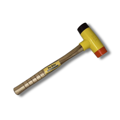 15" wooden handle mallet with bright yellow top and brown and orange cap 