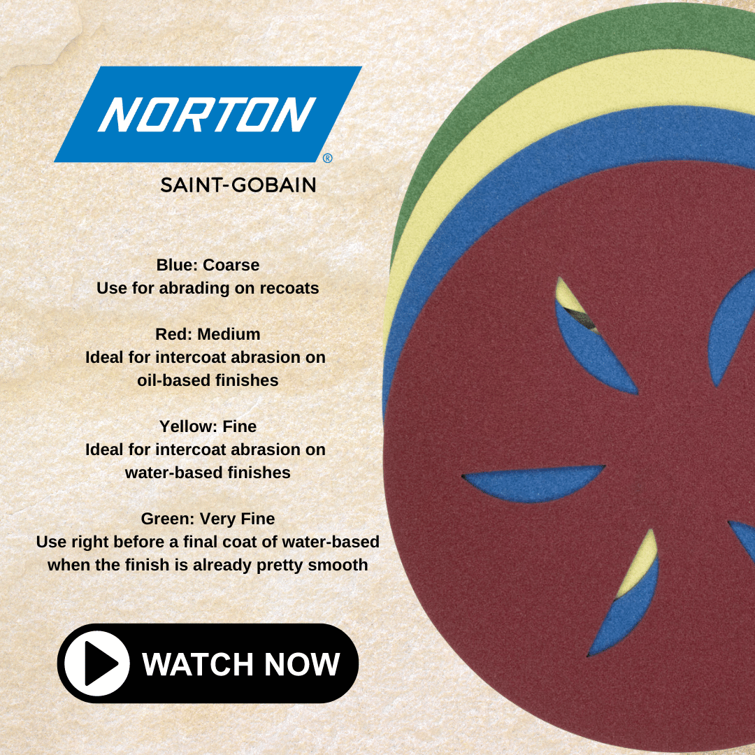 Norton Sand Dollars - use blue (coarse) for abrading on recoats, red (medium) for intercoat abrasion on oil based finishes, yellow (fine) for intercoat abrasion on water based finishes, and green (very fine) right before a final coat of water based hardwood floor finish.