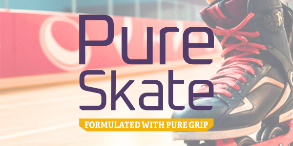 Pure Skate logo on an image of a roller skating rink floor