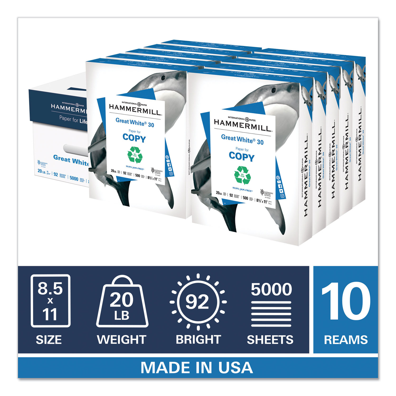 Hammermill® Great White 30 Recycled Print Paper, 92 Bright, 20lb Bond  Weight, 8.5 x 11, White, 500/Ream,10 Reams/Carton,40 Cartons/Pallet