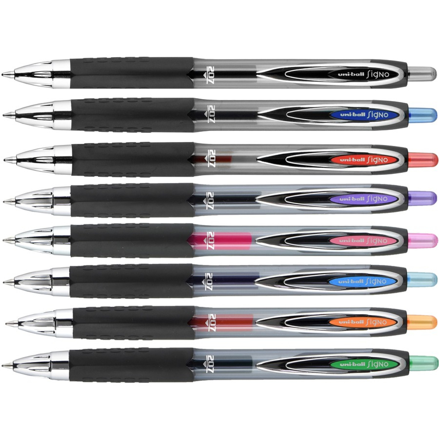 uniball Signo 207 Gel Pen, Retractable, Medium 0.7 mm, Assorted Ink Colors,  Black Barrel, 8/Pack (UBC40110) - Envision Xpress
