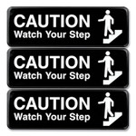 Excello Global Products Caution Watch Your Step Indoor/Outdoor Wall Sign, 9" x 3", Black Face, White Graphics, 3/Pack View Product Image