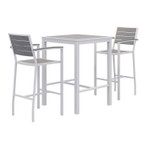 KFI Studios Eveleen Outdoor Bistro Patio Table with Two Gray Powder-Coated Polymer Barstools, 30" Square, Gray View Product Image