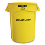 Rubbermaid Commercial Vented Round Brute Container, "Soiled Linen" Imprint, 32 gal, Plastic, Yellow View Product Image
