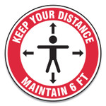 Accuform Slip-Gard Social Distance Floor Signs, 12" Circle, "Keep Your Distance Maintain 6 ft", Human/Arrows, Red/White, 25/Pack View Product Image