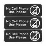 Excello Global Products No Cell Phone Use Please Indoor/Outdoor Wall Sign, 9 x 3, Black Face, White Graphics, 3/Pack View Product Image