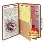 Smead 6-Section Pressboard Top Tab Pocket Classification Folders, 6 SafeSHIELD Fasteners, 2 Dividers, Legal Size, Red, 10/Box Product Image 