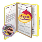 Smead Four-Section Pressboard Top Tab Classification Folders, Four SafeSHIELD Fasteners, 1 Divider, Letter Size, Yellow, 10/Box (SMD13734) View Product Image
