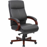 Lorell Executive High-Back Wood Finish Office Chair - Black Seat Color - Bonded Leather Seat Material - Black Back Color - Bonded Leather Back Material - High Back Product Image 