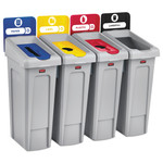 Rubbermaid Commercial Slim Jim Recycling Station Kit, 4-Stream Landfill/Paper/Plastic/Cans, 92 gal, Plastic, Blue/Gray/Red/Yellow Product Image 