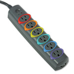 Kensington SmartSockets Color-Coded Strip Surge Protector, 6 AC Outlets, 7 ft Cord, 945 J, Black Product Image 