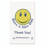 Barnes Paper Company Smiley Face Shopping Bags, Thank You - Have a Nice Day Labeling, Cut-Out Handles, 11.5" x 6.5" x 21", White/Red, 900/Carton Product Image 