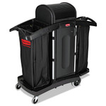 Rubbermaid Commercial High-Security Housekeeping Cart, Plastic, 3 Shelves, 2 Bins, 22" x 51.75" x 53.5", Black/Silver Product Image 