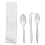 Boardwalk Four-Piece Cutlery Kit, Mediumweight, Fork/Knife/Napkin/Spoon, Plastic, White, 250/Carton Product Image 