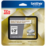 Brother TZe Premium Laminated Tape, 0.47" x 26.2 ft, Gold on White Product Image 
