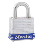 Master Lock Four-Pin Tumbler Lock, Laminated Steel Body, 1.12" Wide, Silver/Blue, 2 Keys View Product Image