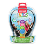 Maxell Kids Safe Headphones with Inline Microphone, 4 ft Cord, Black with Interchangeable Pink/Blue/Silver Caps View Product Image