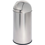 Genuine Joe Push Open Round Top Receptacle - 12 gal Capacity - Round - Durable - 29.2" Height x 14.8" Diameter - Stainless Steel Product Image 