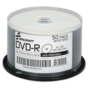 AbilityOne 7045016582771, SKILCRAFT Inkjet Printable DVD-R, 4.7 GB, 16x, Spindle, White, 50/Pack (NSN6582771) View Product Image