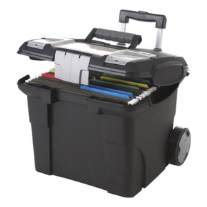 Storex Premium Mobile File Transport Box with Telescoping Handle and Organizer Tray, Letter Files, 15" x 16.38" x 14.25", Black/Gray View Product Image