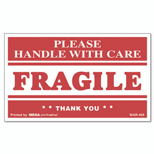 Universal Printed Message Self-Adhesive Shipping Labels, FRAGILE Handle with Care, 3 x 5, Red/Clear, 500/Roll View Product Image