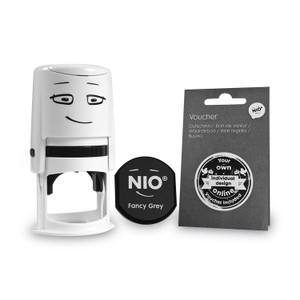 NIO Stamp with Voucher and Fancy Gray Ink Pad, Self-Inking, 1.56" Diameter View Product Image